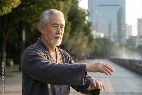 Senior man practicing Tai Chi in city park at sunrise