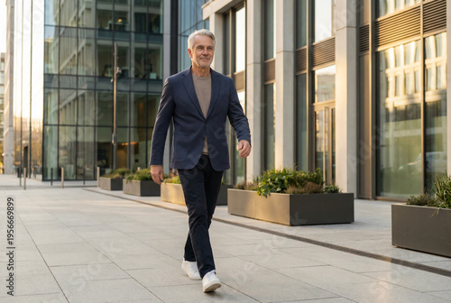 Confident senior businessman walking in modern urban financial district