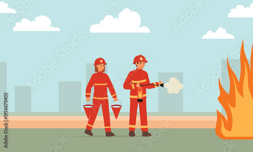 City fire, male and female firefighters in full protective gear extinguishing fire with fire extinguisher and buckets of water.