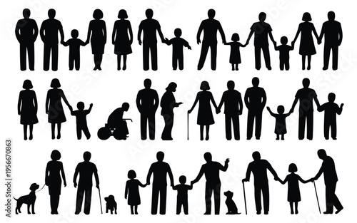 Diverse silhouettes of people engaging in various activities together outdoors