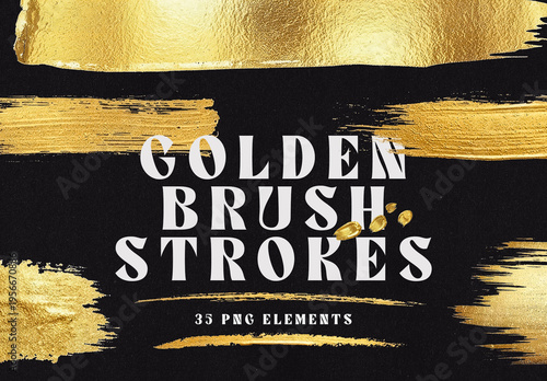 35 Golden Brush Stroke Texture Elements. Metallic Gold Paint Overlay Glitter Strokes. Isolated PNG Object on Transparent Background.