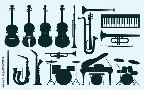 Collection of vintage musical instruments and equipment displayed together