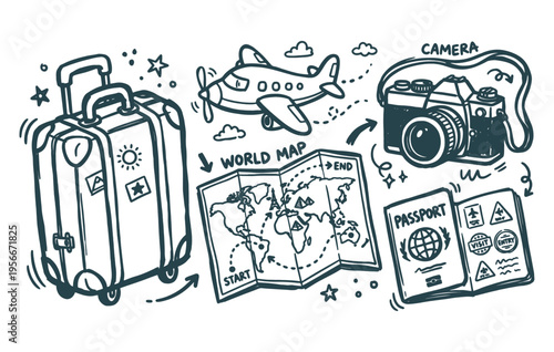 Adventure travel collection featuring world map camera and luggage art