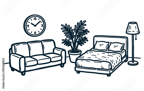 Bedroom and living room furniture set with bed, sofa, clock and plant