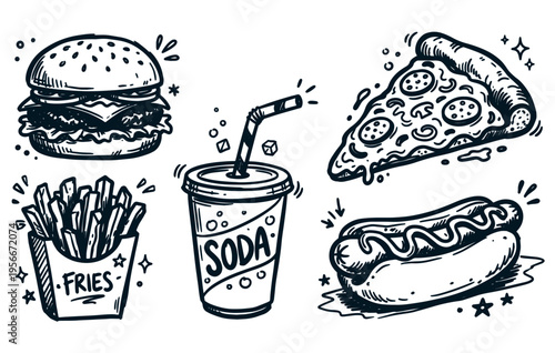 Fast food doodles burger fries soda hot dog and pizza slice