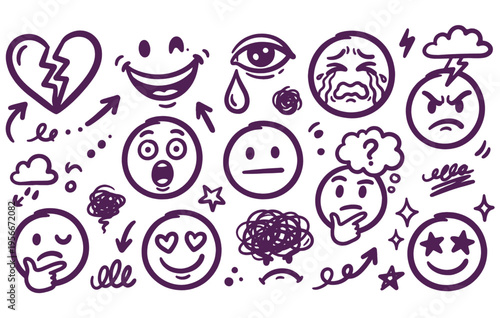 Emotion and feeling doodle icons, hand drawn line art style