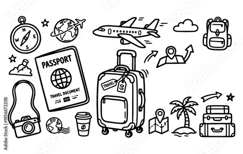 Bild auf Leinwand Holiday travel items doodle set with airplane suitcase and passport