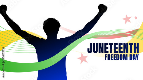 Juneteenth freedom day banner. Vector illustration with silhouette of man with raised hands, stars and colorful waves