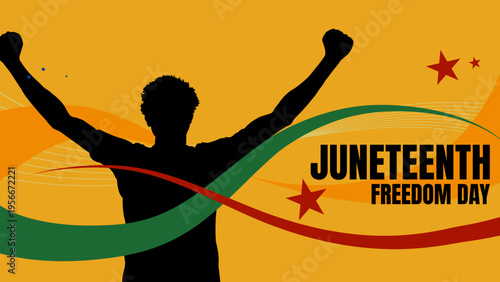 Juneteenth freedom day banner. Vector illustration with man silhouette, raised hands and stars on orange background