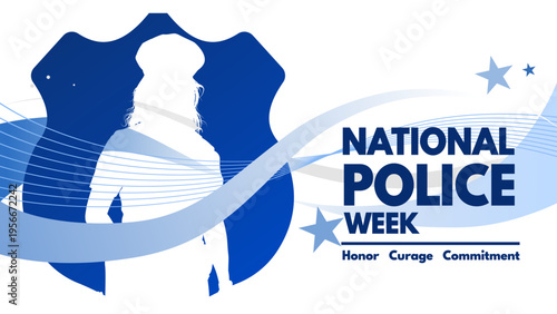 National police week banner with police officer woman silhouette and badge, blue wave background vector illustration