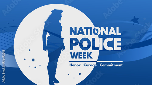  National police week banner with female police officer silhouette in white circle, blue wave background vector illustration