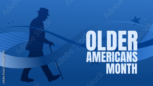 Older americans month banner with senior man silhouette walking with cane, blue abstract waves vector illustration