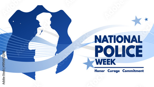 National police week banner with male police officer silhouette in white circle, blue wave background vector illustration