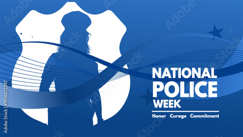 National police week banner with female police officer silhouette in white circle, blue wave background vector illustration