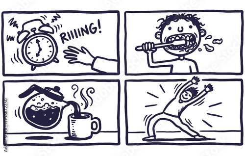 Morning routine comic strip doodle with alarm clock and coffee pot
