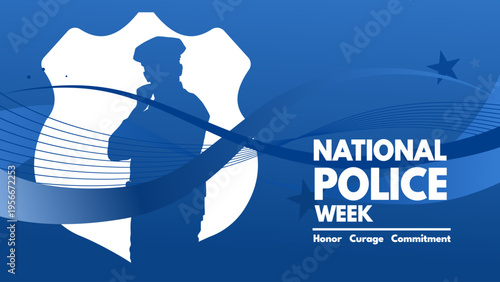 National police week banner with police officer silhouette and white badge, blue abstract background vector illustration