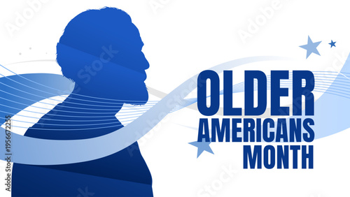Older americans month banner with senior man profile silhouette, blue wave background vector illustration