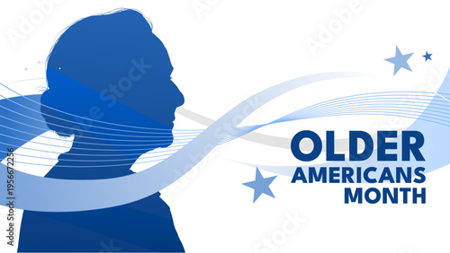  Older americans month banner with senior woman profile silhouette, blue wave background with stars vector illustration