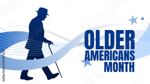 Older americans month banner with senior man silhouette, blue wave background vector illustration