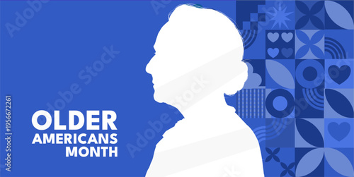 Older americans month banner with senior woman profile silhouette, blue wave background vector illustration