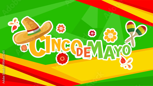  Cinco de mayo banner with sombrero, maracas and flowers, mexican holiday background vector illustration
