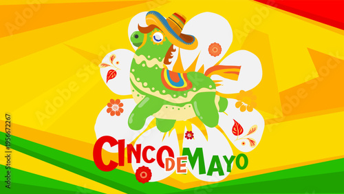  Cinco de mayo banner with pinata and sombrero, mexican holiday celebration background vector illustration