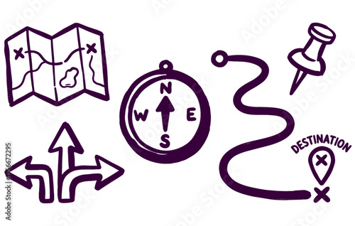 Navigation and travel doodle vector set map compass path destination pin