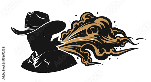 Cowboy silhouette with smoke graphic design.