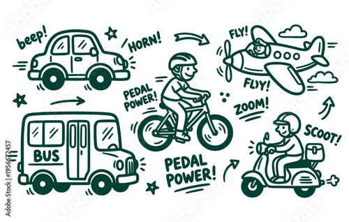 Transportation doodle set featuring car bus bicycle airplane scooter