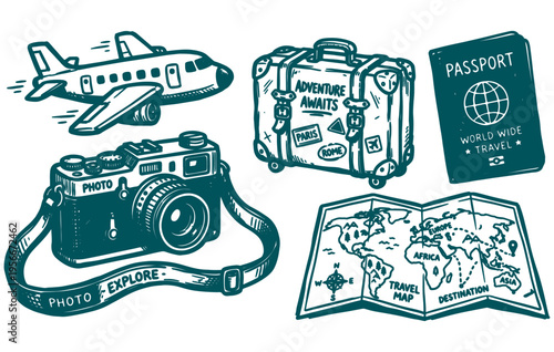 Travel and adventure hand drawn elements including plane, camera, passport