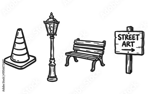 Urban street objects hand drawn doodle icons on transparent background