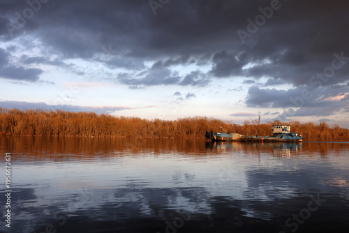 Work Boat on Calm River
