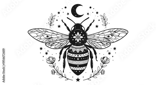 Black and white illustration of a bee with celestial and floral patterns.