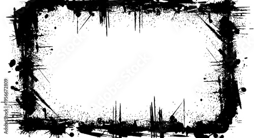 Grunge frame border with black ink splatters.