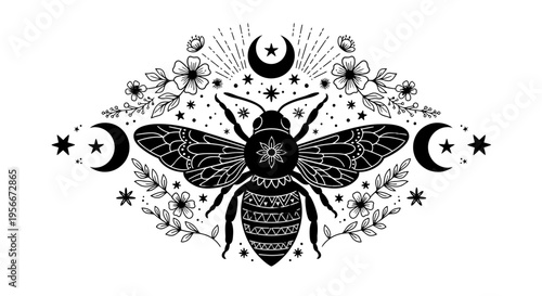 Black and white mystical bee illustration with celestial elements and flowers.