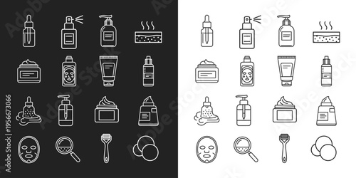 Beauty and skincare line icons set for cosmetic products and routine