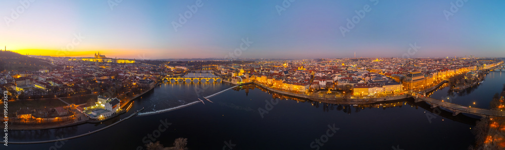 Fototapeta premium Sunset aerial view of Prague, Czech republic