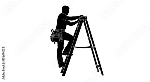 Silhouette of a person climbing a ladder with a tool belt on reaching upwards