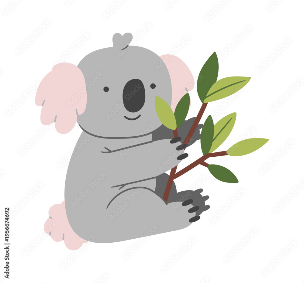 Fototapeta premium Koala Hugging Eucalyptus Branch Cartoon