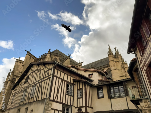 Historic half timbered houses and cathedral in old town of Limoges, France