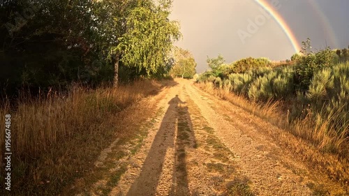 French Way of Saint James - dirt road with a rainbow leaving Rabanal del Camino, municipality of Santa Colomba de Somoza, Maragateria, province of Leon, Castile and Leon, Spain