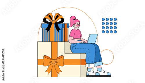 Woman Working on Laptop Sitting on Gift Boxes Modern Lifestyle Illustration
