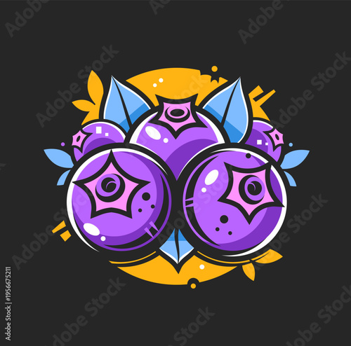 Stylish icon logo with cranberry. Red berries and green leaves with lettering. Bright simple flat vector illustration.