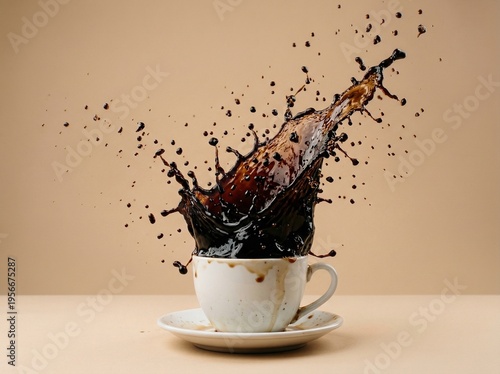 Coffee Explosion: A captivating image capturing a dynamic moment of coffee eruption, where the rich, dark liquid bursts from a delicate ceramic cup.