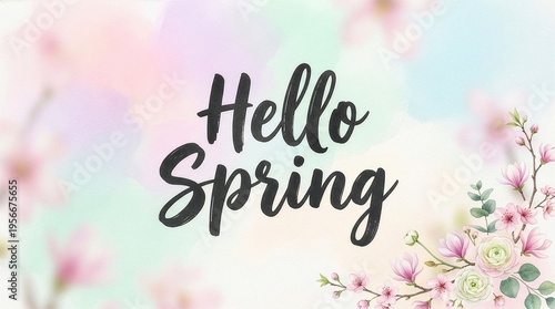 Hello spring greeting card with blooming flowers on pastel background