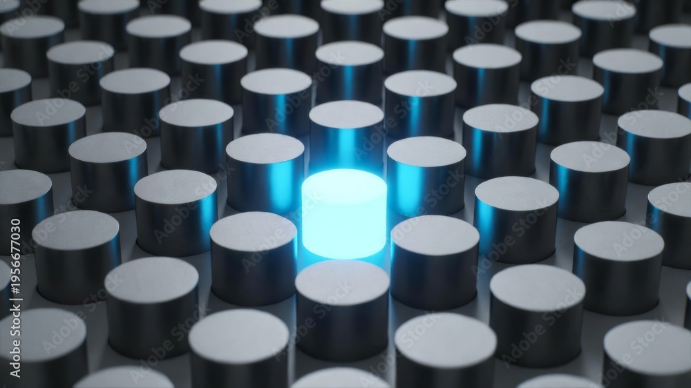 Fototapeta premium Illuminated Cylinder Standing Out Among Metal Cylinders Representing Leadership