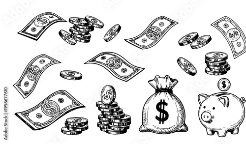 Hand drawn money sketch set with cash coins wallet and piggy bank vector illustration
