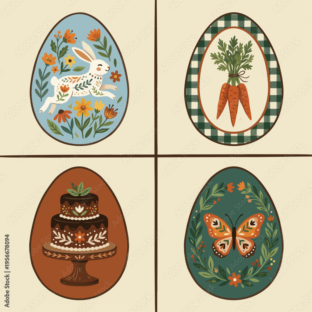 Fototapeta premium Easter Egg Designs with Bunny, Carrots, Cake, and Butterfly.