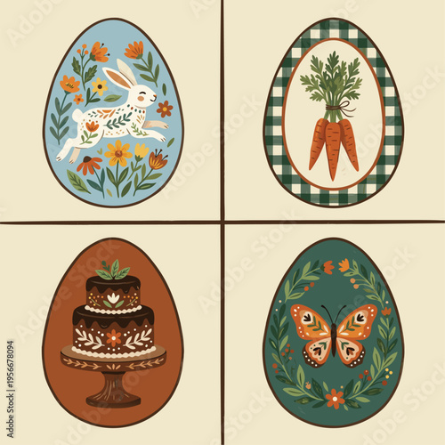 Easter Egg Designs with Bunny, Carrots, Cake, and Butterfly.