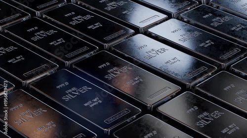 Fine silver bars arranged in pattern with glossy reflections. Perfect for commodity trading and financial market visuals. Seamless loop animation, part of series.